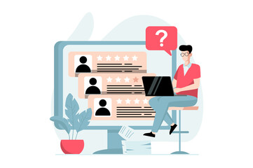 Poster - Employee hiring process concept with people scene in flat design. HR manager reviews resumes online and selects best applicants using laptop. Illustration with character situation for web