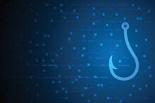 Fish Hook On Blue Digital Background. Email Security And Countermeasure Concept 