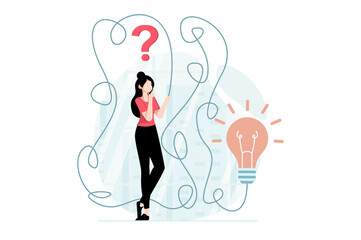 Wall Mural - Finding solution concept with people scene in flat design. Woman thinks about questions and looks for right way to discover answers and new ideas. Illustration with character situation for web
