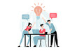 Focus group concept with people scene in flat design. Marketer team discusses and conducts marketing research, analyzes buyers to promote business. Illustration with character situation for web