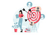 © alexdndz - Focus group concept with people scene in flat design. Woman conducts marketing research, analyzes buyers and creates targeting to promote business. Illustration with character situation for web