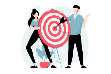 Wall Mural - Focus group concept with people scene in flat design. Woman and man conduct marketing research, analyze buyers and create successful targeting. Illustration with character situation for web