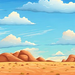 Desert landscape with golden sand dunes and stones under blue cloudy sky. Hot dry deserted african or mexican nature background with yellow sandy hills parallax scene, Cartoon 2r illustrated