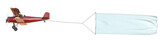 Flying red biplane light aircraft with blank advertising banner 3D illustration of airplane