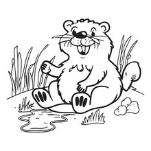 Happy Beaver Playing Outside. Coloring Book For Children. Cartoon Outline Illustration. Black And White Vector Drawing. Happy Wild Animal In Nature. Fun Isolated Coloring Page. Comic Cute Sketch