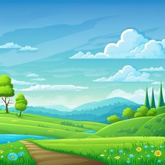 Poster - Nature landscape 2r illustrated illustration with cartoon style. Beautiful spring landscape cartoon with green grass and blue sky