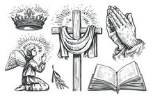 Christian Cross, Praying Angel, Open Holy Bible, Hands In Prayer, Crown Of The King Of God. Religion Concept, Symbols
