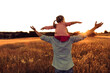 © kieferpix - Father and daughter little child in the field at sunset feeling happy and free . Fatherhood, family lifestyle concept.