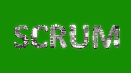 Poster - silver grey cybernetical text SCRUM with animation on green screen, isolated - loop video