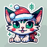 Fototapeta Dinusie - Christmas cat cartoon sticker, xmas kitty stickers pack. Winter holidays