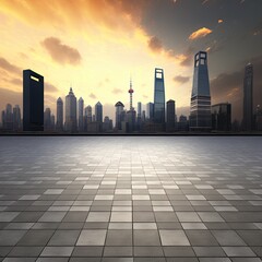 Poster - Empty square floor and city skyline at sunset in Shanghai.