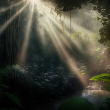 Sun Rays Falling Deep Into A Thick Jungle