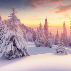 Magical white winter sunset at Dobratsch Natural Park with untouched snow and frost covered pine trees, Villach, Carinthia, Austria