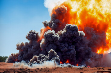 dynamite blast, explosion that sends rock particles and other materials into the air in all directio