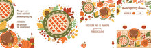 Thanksgiving Dinner Poster Set With Thanksgiving Turkey, Pumpkin Pie, Food, Thanksgiving Dinner Table Card. Friendsgiving Autumn Festival Floral Invites Collection. Cute Fall Vector Illustration.
