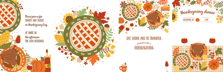 Thanksgiving dinner poster set with thanksgiving turkey, pumpkin pie, food, thanksgiving dinner table card. Friendsgiving autumn festival floral invites collection. Cute fall party illustration.
