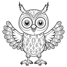 Owl Outline Vector Illustration. Coloring Book For Children. Cartoon Bird In Black And White  Drawing. Happy Wise Animal In Nature. Fun Isolated For Coloring Page. School Activity For Kids. 