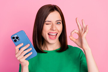 portrait of funny attractive person eye wink hand fingers show okey symbol hold telephone isolated o