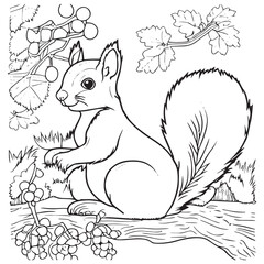 Wall Mural - Squirrel outline vector illustration. Coloring book for children. Cartoon wild animal in black and white drawing. Happy mammal in nature. Fun isolated for coloring page. School activity for kids. 