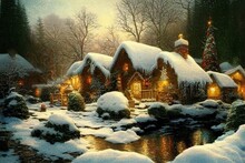 Cottage, Cabin, Forest. Family Home Love Magical Christmas Landscape, Snow  Is Falling Xmas Wonderland Lights, Sparkle Color 