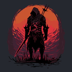 Epic warrior in medieval fantasy. Vector illustration of soldier with sword going on adventure. RPG video game concept art. Hero in armour explorring, ready to battle. Knight traveling in a fairytale