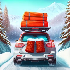 Poster - Suv car with rooftop cargo carrier trunk stay on roadside of winter road. Family trip to ski resort. Winter holidays adventure. car on winter road