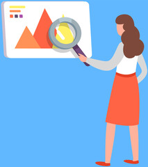 Poster - Data analysis, information exploration. Woman analyses diagram under magnifying glass. Lady looking at statistical chart, web data, graph with magnifyer. Statistics, financial indicators analytics