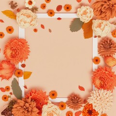 Poster - Autumn composition Frame made of fresh orange flowers on pastel beige background Autumn, fall concept Flat lay, top view, copy space , anime style