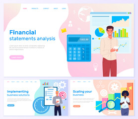 Poster - financial statements analysis and profit growth. man with calculator accounting wireless device. sca