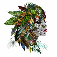 AI Generated Illustration Of A Woman's Face With Green Leaves And Colorful Feathers In The Hair