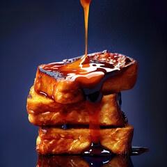 french toasts served hot with butter or margarine and maple syrup dripping on it. isolated over a bl
