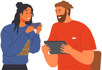 Poster - Woman and man stand together and look in phone. Smartphones and technologies, communication. Friends male and female characters watching podcasts on social networks in mobile phone and tablet pc