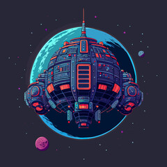 Wall Mural - vector of a futuristic spaceship hovering over a planet