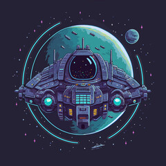 Wall Mural - vector of a futuristic spaceship hovering over a planet