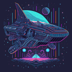 Wall Mural - vector of a futuristic spaceship hovering over a planet