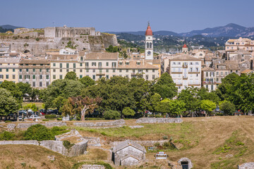 Sticker - Old Town with Tower of St Spyridon Church, view from Old Venetian Fortress in Corfu city, Greece