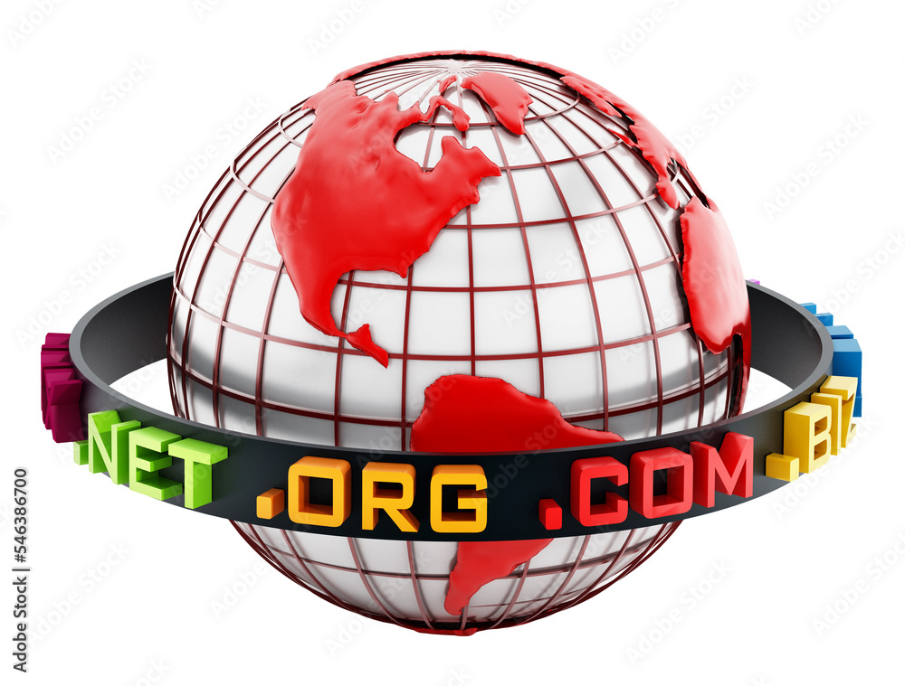 Domain extensions around the red globe on transparent background Stock ...
