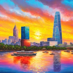 Poster - Ho Chi Minh City skyline and the Saigon River at sunset. Amazing colorful view of skyscraper and other modern buildings at downtown. Ho Chi Minh City is a popular tourist destination of Vietnam.