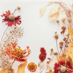 Dried autumn flowers on white background Autumn frame Flat lay, top view, copy space , anime style