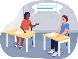 Poster - Talking students 2D raster isolated illustration. High school pupils flat characters on cartoon background. Classroom conversation colourful scene for mobile, website, presentation