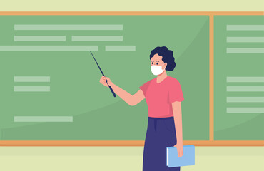 Poster - School teacher flat color raster illustration. Education institution. Helps kids acquire knowledge. High school lesson. Educator in face mask 2D simple cartoon character with chalkboard on background