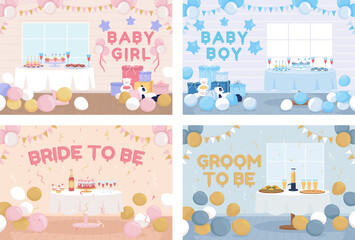 Poster - Home party decorations flat color raster illustration set. Baby shower. Bachelorette night. 2D simple cartoon pack interior with table arrangement on background 