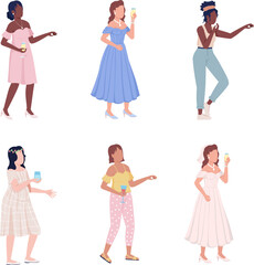 Poster - Ladies having fun semi flat color raster characters set. Standing figures. Full body people on white. Festive celebration simple cartoon style illustration for web graphic design and animation pack