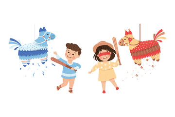 Sticker - Funny Boy and Girl Striking and Hitting Pinata Hanging on String with Stick Vector Set