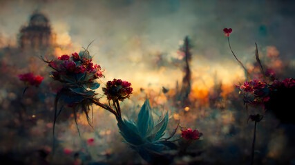 Wall Mural - Delicate oil painting with flowers in a sunset scene. Cinematic light. Blurred background.