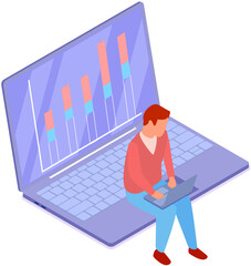 Poster - man looking at business diagram on laptop screen. guy points to bar chart report. business statistic