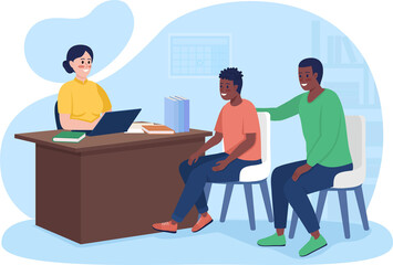 Poster - At principals office with parent 2D raster isolated illustration. Formal appointment flat characters on cartoon background. Headmistress room colourful scene for mobile, website, presentation