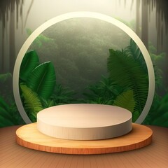 Wooden circle podium in tropical forest for product presentation and green background . Generative AI Technology