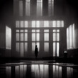 Noir scene lurking silhouette ominous dark shadow drama retro angle room, pattern, design, light, mystery novel paranoia, criminal, room, architecture, window, film noir 1950s (generative AI, AI)
