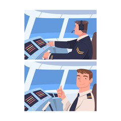 Poster - Man Aircraft Pilot or Aviator Sitting Inside Airplane Cabin at Control Panel Vector Set